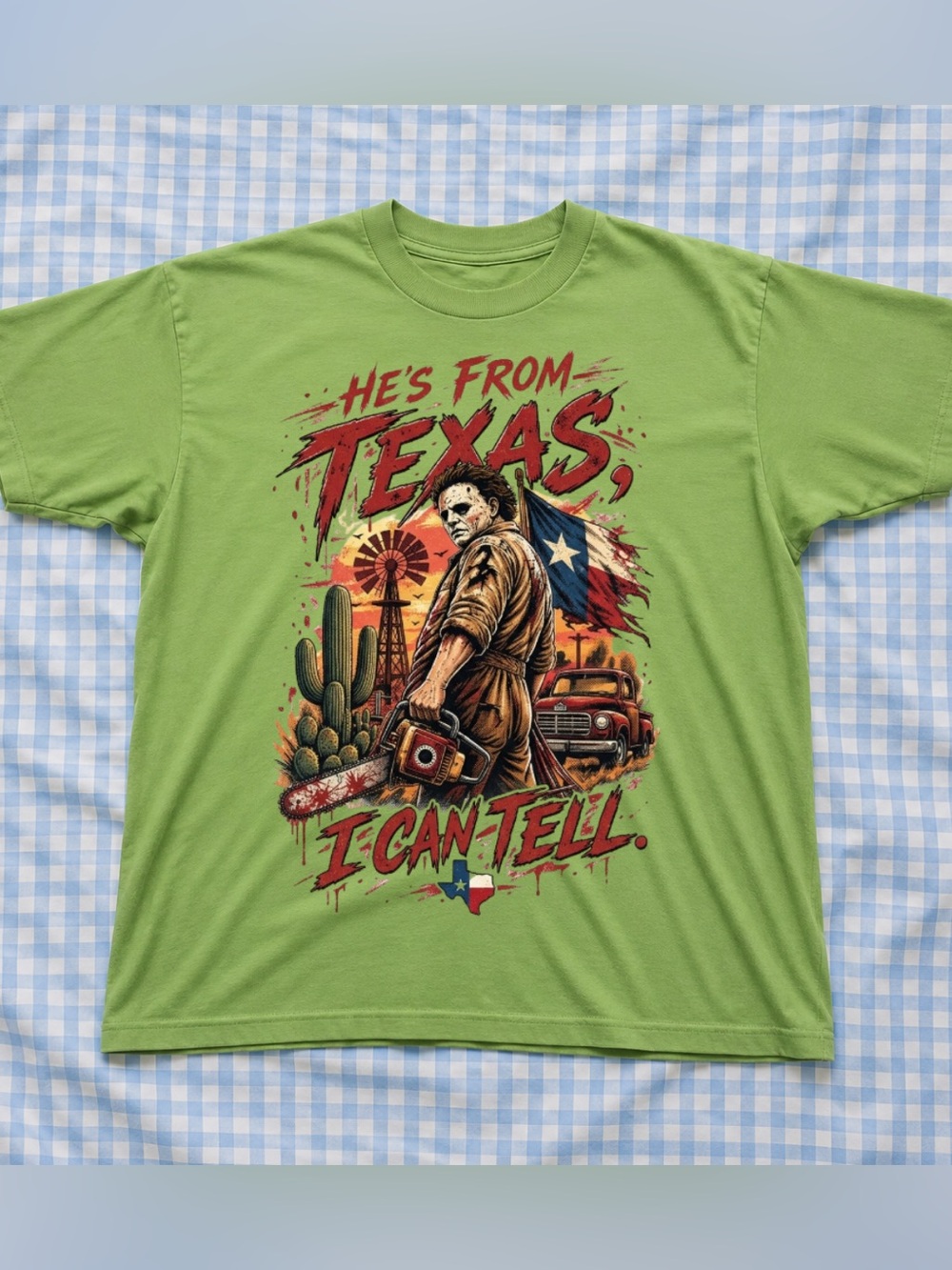 Green Graphic Texas Horror Tee - Men’s Casual Shirt